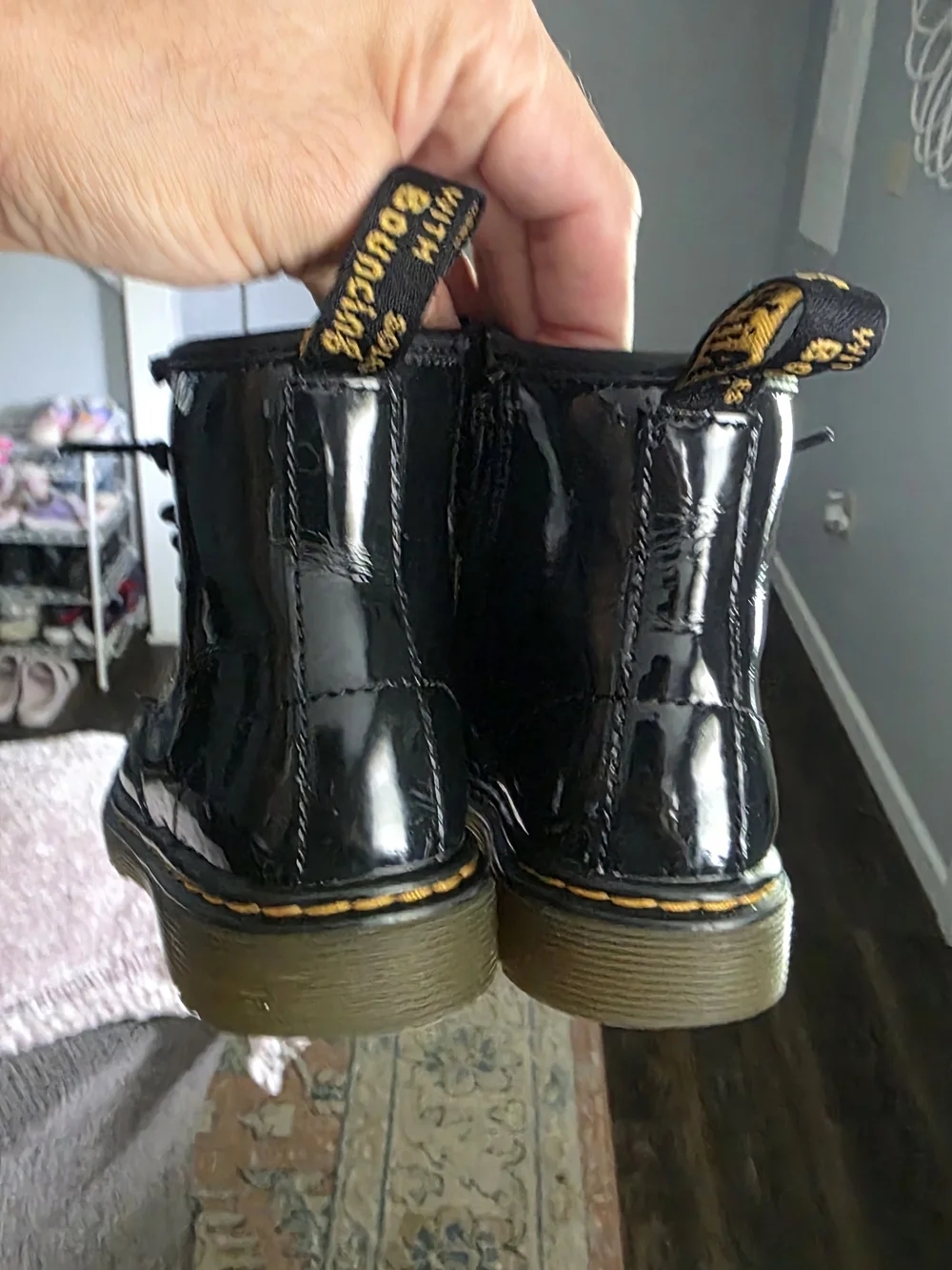 Dr. Martens 1460 Black Patent Lace-Up Ankle Boot with Yellow Stitching
